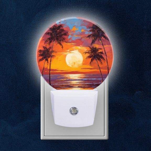 Round LED Night Lights Lamp with Dusk to Dawn Sensor, Seaside Sunset In An Oil Painted Landscape Night Light Plug Into Wall for Kids Room, Bedroom, Bathroom, Kitchen, Hallway