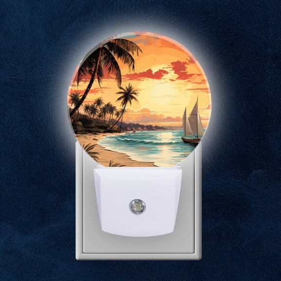 Round LED Night Lights Lamp with Dusk to Dawn Sensor, Seaside Sunset With Palm Trees And Sailing Boat Night Light Plug Into Wall for Kids Room, Bedroom, Bathroom, Kitchen, Hallway