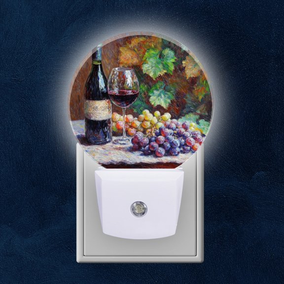 Round LED Night Lights Lamp with Dusk to Dawn Sensor, The Serene Allure Of Wine Related Still Life Night Light Plug Into Wall for Kids Room, Bedroom, Bathroom, Kitchen, Hallway