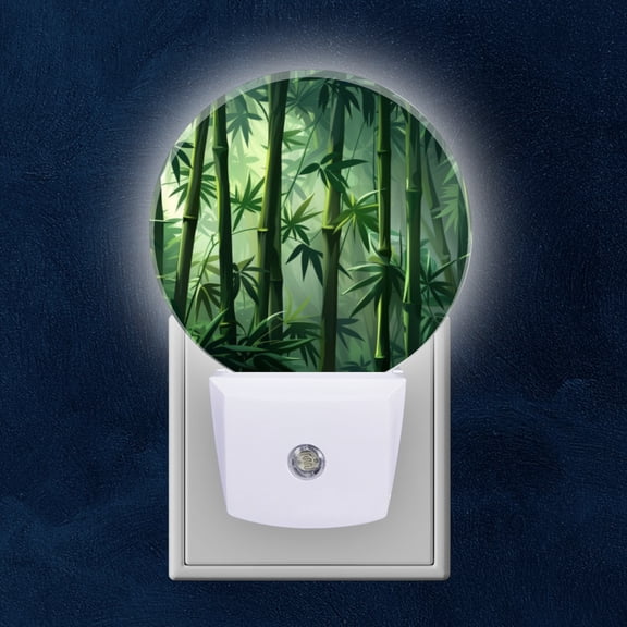 Round LED Night Lights Lamp with Dusk to Dawn Sensor, Serene Bamboo Forest In Soft Green Hues Night Light Plug Into Wall for Kids Room, Bedroom, Bathroom, Kitchen, Hallway