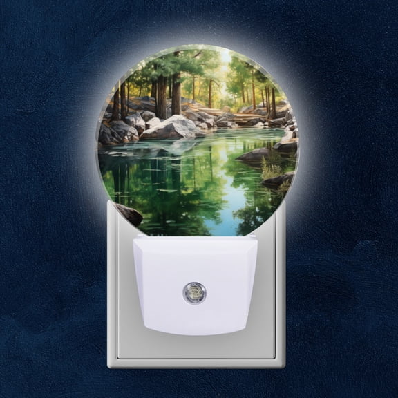 Round LED Night Lights Lamp with Dusk to Dawn Sensor, Serene Forest Stream Among Rocks And Trees Night Light Plug Into Wall for Kids Room, Bedroom, Bathroom, Kitchen, Hallway