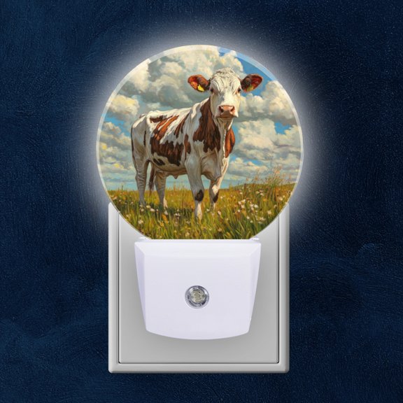 Round LED Night Lights Lamp with Dusk to Dawn Sensor, Serene Grassland Cow Portrait Night Light Plug Into Wall for Kids Room, Bedroom, Bathroom, Kitchen, Hallway
