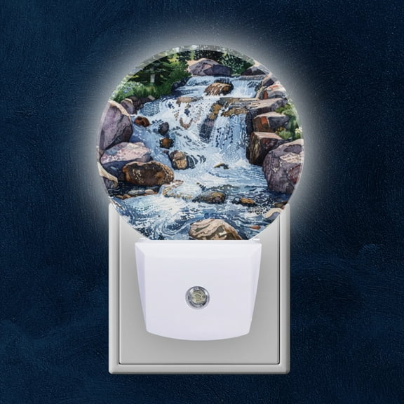 Round LED Night Lights Lamp with Dusk to Dawn Sensor, Serene Mountain Stream Cascading Over Rocks Night Light Plug Into Wall for Kids Room, Bedroom, Bathroom, Kitchen, Hallway