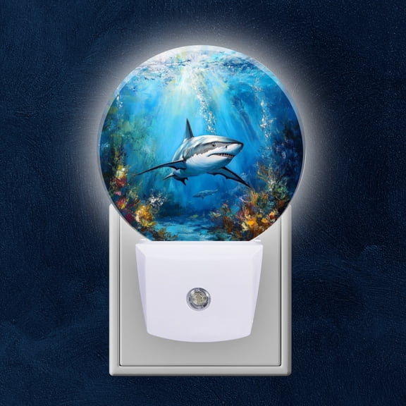 Round LED Night Lights Lamp with Dusk to Dawn Sensor, Shark Swimming In Sunlit Underwater Realm Night Light Plug Into Wall for Kids Room, Bedroom, Bathroom, Kitchen, Hallway