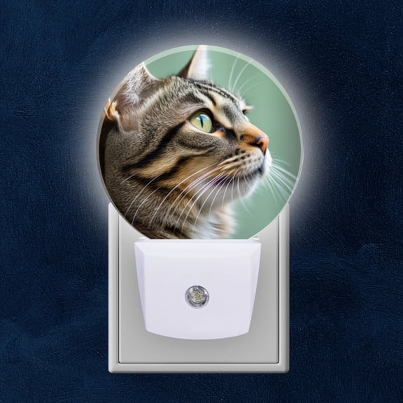 Round LED Night Lights Lamp with Dusk to Dawn Sensor, Side Profile Close Up Of Tabby Cat Night Light Plug Into Wall for Kids Room, Bedroom, Bathroom, Kitchen, Hallway
