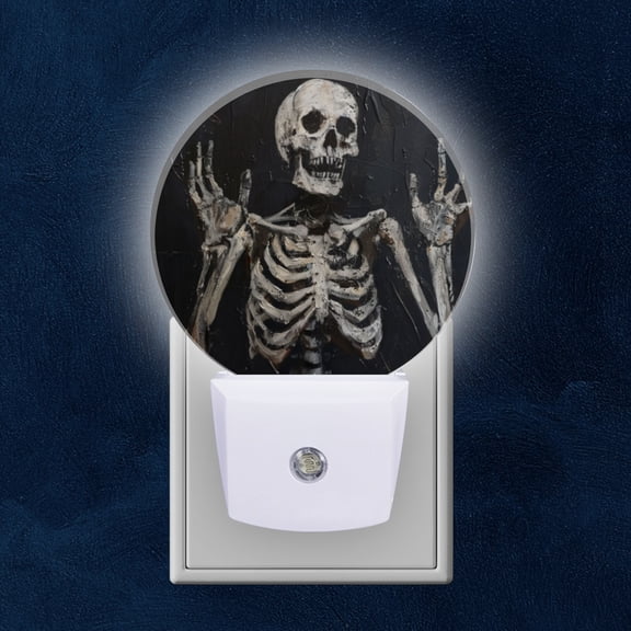 Round LED Night Lights Lamp with Dusk to Dawn Sensor, Skeleton On Dark Textured Canvas Night Light Plug Into Wall for Kids Room, Bedroom, Bathroom, Kitchen, Hallway