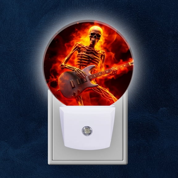 Round LED Night Lights Lamp with Dusk to Dawn Sensor, Skeleton Playing Electric Guitar With Flames Surrounding Night Light Plug Into Wall for Kids Room, Bedroom, Bathroom, Kitchen, Hallway