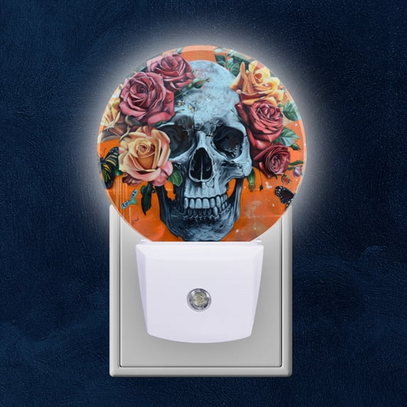 Round LED Night Lights Lamp with Dusk to Dawn Sensor, Skull Adorned With Roses And Butterflies Night Light Plug Into Wall for Kids Room, Bedroom, Bathroom, Kitchen, Hallway