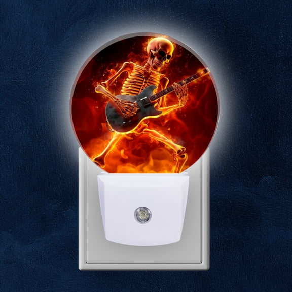 Round LED Night Lights Lamp with Dusk to Dawn Sensor, Skull Playing Guitar Amidst Flames Night Light Plug Into Wall for Kids Room, Bedroom, Bathroom, Kitchen, Hallway