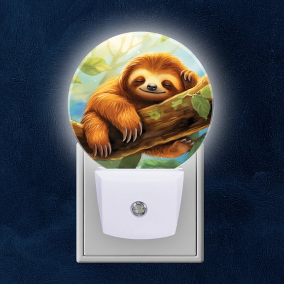 Round LED Night Lights Lamp with Dusk to Dawn Sensor, Sloth Relaxing On Tree Branch In Sunlit Forest Night Light Plug Into Wall for Kids Room, Bedroom, Bathroom, Kitchen, Hallway