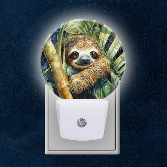Round LED Night Lights Lamp with Dusk to Dawn Sensor, Sloth In Water Painted Tropical Scene Night Light Plug Into Wall for Kids Room, Bedroom, Bathroom, Kitchen, Hallway