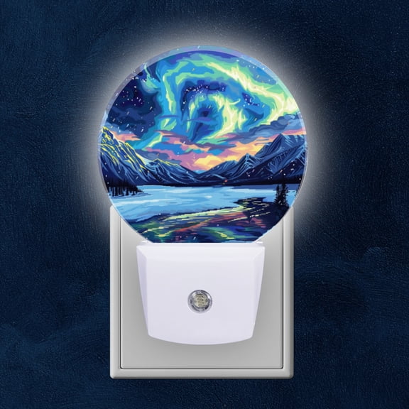 Round LED Night Lights Lamp with Dusk to Dawn Sensor, Snowy Peaks And The Enchanting Green Aurora Night Light Plug Into Wall for Kids Room, Bedroom, Bathroom, Kitchen, Hallway