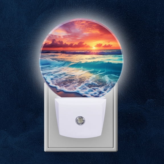 Round LED Night Lights Lamp with Dusk to Dawn Sensor, Spectacular Sunset Over The Ocean With Orange Hued Clouds Night Light Plug Into Wall for Kids Room, Bedroom, Bathroom, Kitchen, Hallway