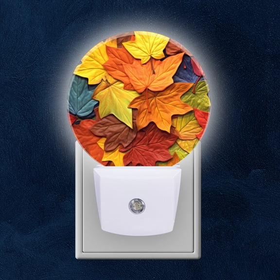 Round LED Night Lights Lamp with Dusk to Dawn Sensor, Stacked Maple Leaves In Various Autumn Colors Night Light Plug Into Wall for Kids Room, Bedroom, Bathroom, Kitchen, Hallway