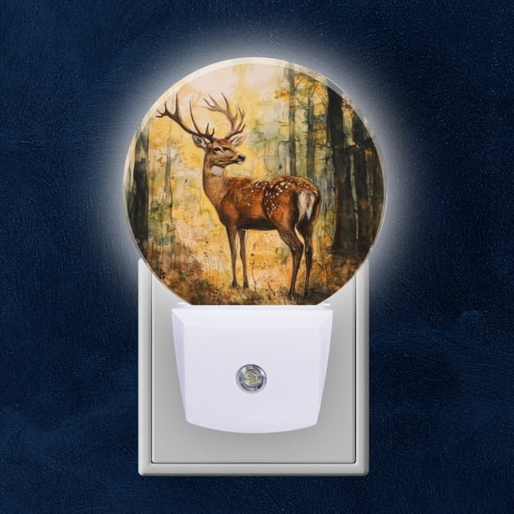 Round LED Night Lights Lamp with Dusk to Dawn Sensor, Stag In An Autumn Forest Luminous Portrait Of Wilderness Majesty Night Light Plug Into Wall for Kids Room, Bedroom, Bathroom, Kitchen, Hallway