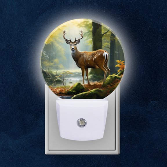 Round LED Night Lights Lamp with Dusk to Dawn Sensor, Stag With Large Antlers In Sunlit Autumn Forest Night Light Plug Into Wall for Kids Room, Bedroom, Bathroom, Kitchen, Hallway