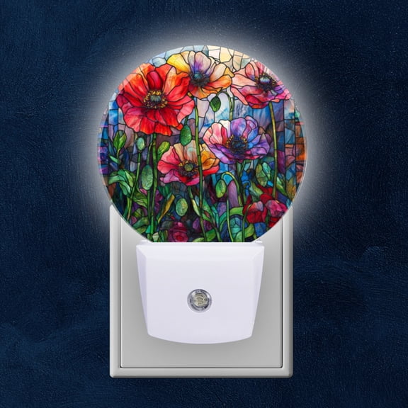 Round LED Night Lights Lamp with Dusk to Dawn Sensor, Stained Glass Effect Poppy Flowers Night Light Plug Into Wall for Kids Room, Bedroom, Bathroom, Kitchen, Hallway