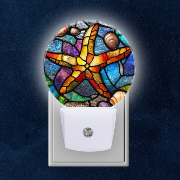 Round LED Night Lights Lamp with Dusk to Dawn Sensor, Stained Glass Starfish And Shells Night Light Plug Into Wall for Kids Room, Bedroom, Bathroom, Kitchen, Hallway