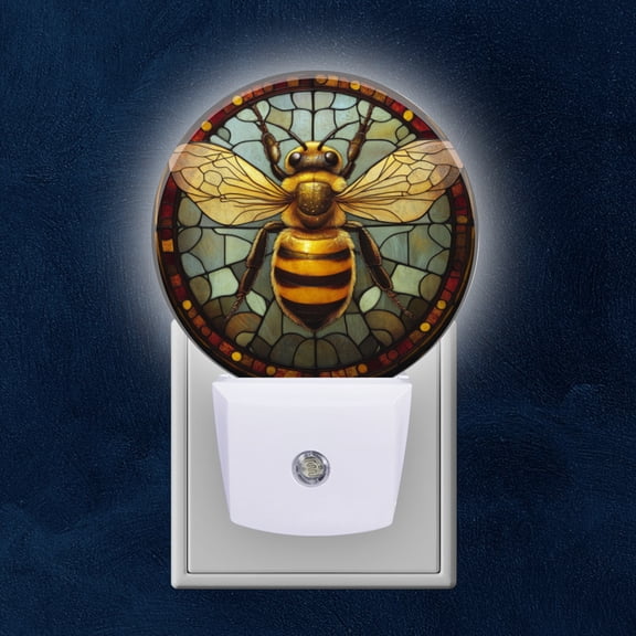 Round LED Night Lights Lamp with Dusk to Dawn Sensor, Stained Glass Style Bee Night Light Plug Into Wall for Kids Room, Bedroom, Bathroom, Kitchen, Hallway