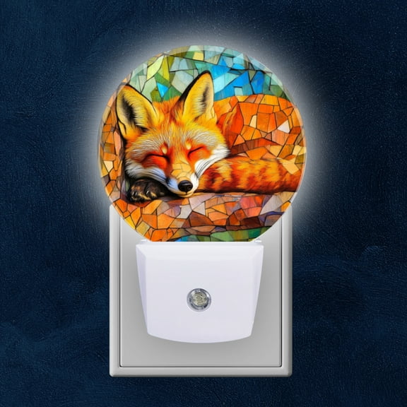Round LED Night Lights Lamp with Dusk to Dawn Sensor, Stained Glass Style Fox At Rest Night Light Plug Into Wall for Kids Room, Bedroom, Bathroom, Kitchen, Hallway