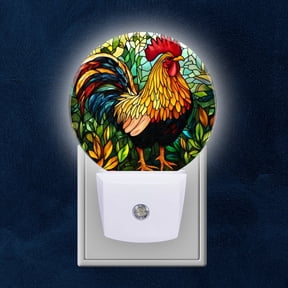 Round LED Night Lights Lamp with Dusk to Dawn Sensor, Stained Glass Style Rooster Night Light Plug Into Wall for Kids Room, Bedroom, Bathroom, Kitchen, Hallway