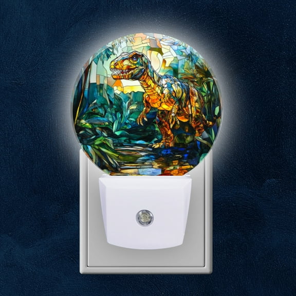 Round LED Night Lights Lamp with Dusk to Dawn Sensor, Stained Glass T Rex In Prehistoric Jungle Night Light Plug Into Wall for Kids Room, Bedroom, Bathroom, Kitchen, Hallway