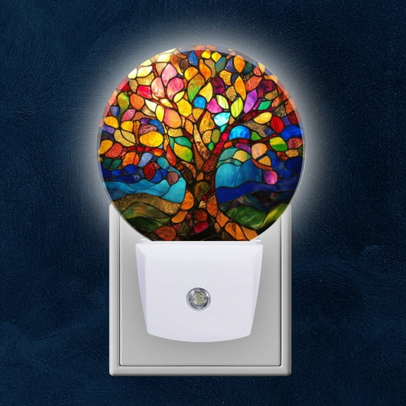 Round LED Night Lights Lamp with Dusk to Dawn Sensor, Stained Glass Tree With Colorful Fragments Night Light Plug Into Wall for Kids Room, Bedroom, Bathroom, Kitchen, Hallway
