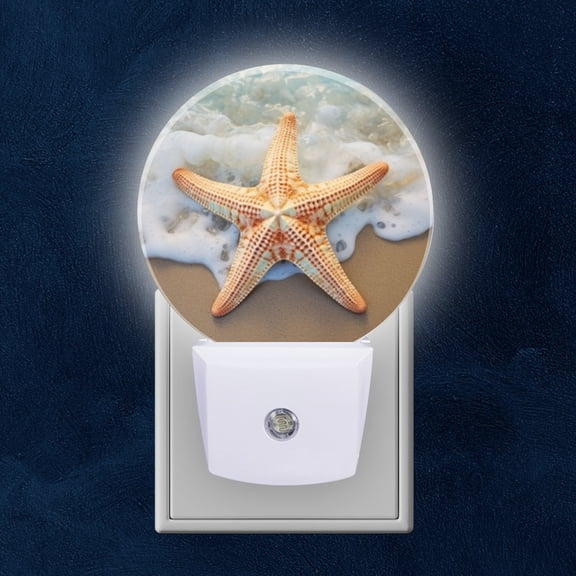 Round LED Night Lights Lamp with Dusk to Dawn Sensor, Starfish On Sandy Beach With Ocean Waves Night Light Plug Into Wall for Kids Room, Bedroom, Bathroom, Kitchen, Hallway
