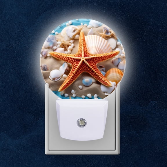 Round LED Night Lights Lamp with Dusk to Dawn Sensor, Starfish And Seashells On Sandy Beach With Blue Accents Night Light Plug Into Wall for Kids Room, Bedroom, Bathroom, Kitchen, Hallway