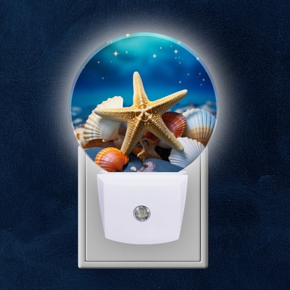Round LED Night Lights Lamp with Dusk to Dawn Sensor, Starfish And Seashells On Sandy Beach With Blue Glow Night Light Plug Into Wall for Kids Room, Bedroom, Bathroom, Kitchen, Hallway