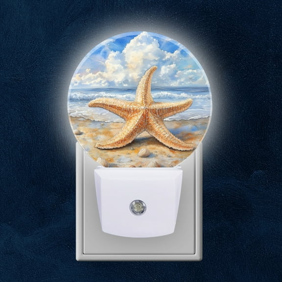 Round LED Night Lights Lamp with Dusk to Dawn Sensor, Starfish And Shells On The Beach In Watercolor Night Light Plug Into Wall for Kids Room, Bedroom, Bathroom, Kitchen, Hallway