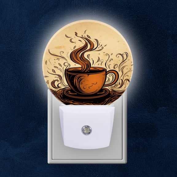 Round LED Night Lights Lamp with Dusk to Dawn Sensor, Steaming Coffee Cup On Old Paper Background Night Light Plug Into Wall for Kids Room, Bedroom, Bathroom, Kitchen, Hallway