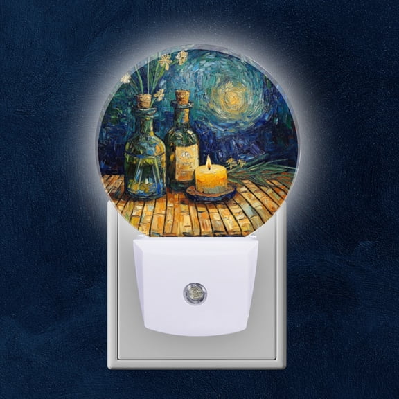 Round LED Night Lights Lamp with Dusk to Dawn Sensor, Still Life With Bottles, Flower And Candle In An Oil Painting Night Light Plug Into Wall for Kids Room, Bedroom, Bathroom, Kitchen, Hallway