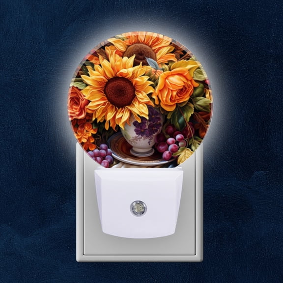 Round LED Night Lights Lamp with Dusk to Dawn Sensor, Still Life Of Flowers And Grapes In Decorated Vase Night Light Plug Into Wall for Kids Room, Bedroom, Bathroom, Kitchen, Hallway