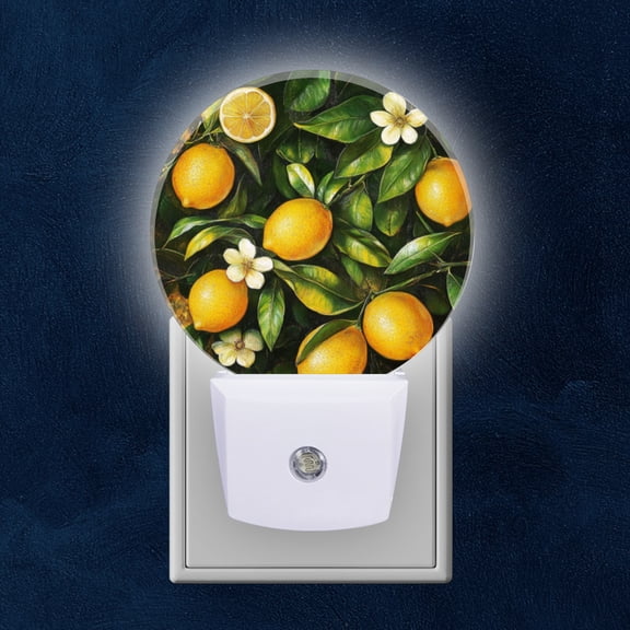 Round LED Night Lights Lamp with Dusk to Dawn Sensor, Still Life Of Lemons, Flowers And Leaves Night Light Plug Into Wall for Kids Room, Bedroom, Bathroom, Kitchen, Hallway
