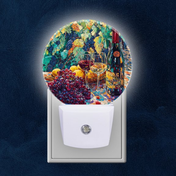 Round LED Night Lights Lamp with Dusk to Dawn Sensor, Still Life Against Vineyard Background Night Light Plug Into Wall for Kids Room, Bedroom, Bathroom, Kitchen, Hallway