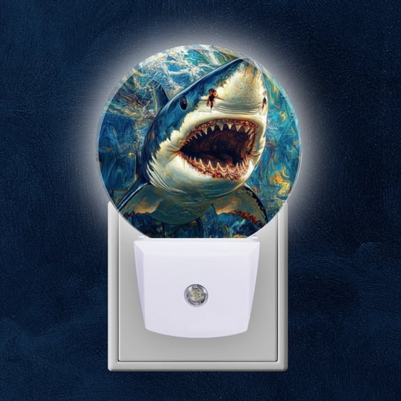 Round LED Night Lights Lamp with Dusk to Dawn Sensor, Striking Painting Of Shark With Wounded Look Night Light Plug Into Wall for Kids Room, Bedroom, Bathroom, Kitchen, Hallway