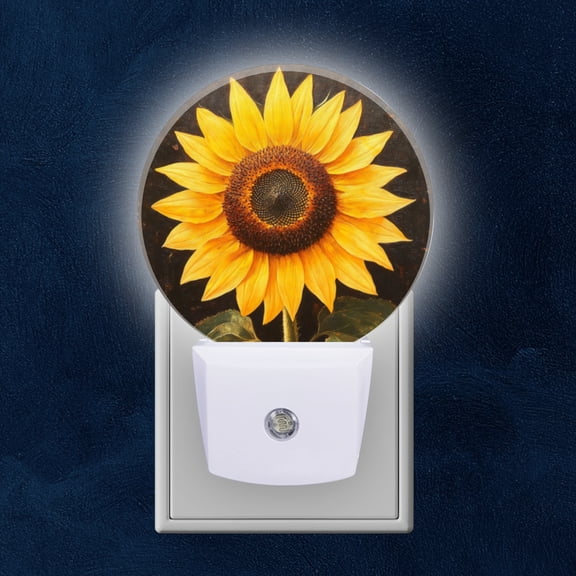 Round LED Night Lights Lamp with Dusk to Dawn Sensor, Sunflower In An Oil Painted Still Life Night Light Plug Into Wall for Kids Room, Bedroom, Bathroom, Kitchen, Hallway