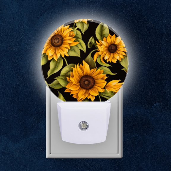Round LED Night Lights Lamp with Dusk to Dawn Sensor, Sunflower Pattern On Black Background With Strong Contrast Night Light Plug Into Wall for Kids Room, Bedroom, Bathroom, Kitchen, Hallway