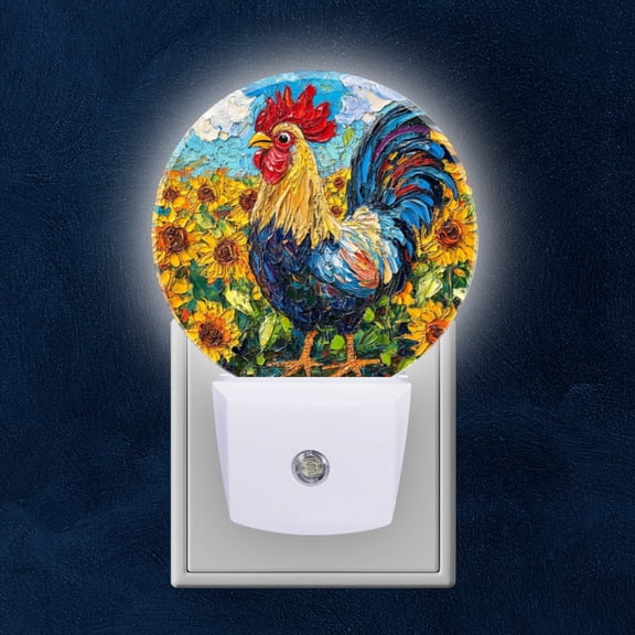 Round LED Night Lights Lamp with Dusk to Dawn Sensor, Sunflower Surrounded Rooster Art Night Light Plug Into Wall for Kids Room, Bedroom, Bathroom, Kitchen, Hallway