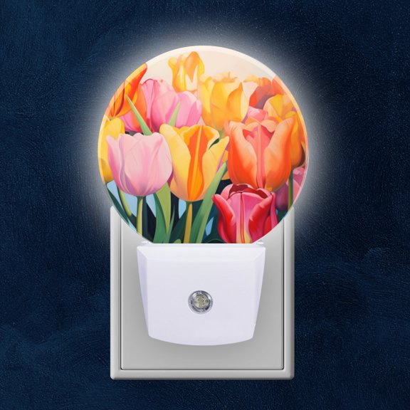 Round LED Night Lights Lamp with Dusk to Dawn Sensor, Sunlit Tulips In Variety Of Colors Night Light Plug Into Wall for Kids Room, Bedroom, Bathroom, Kitchen, Hallway