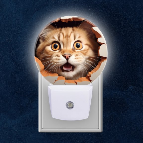 Round LED Night Lights Lamp with Dusk to Dawn Sensor, Surprised Kitten Emerging From Hole Night Light Plug Into Wall for Kids Room, Bedroom, Bathroom, Kitchen, Hallway