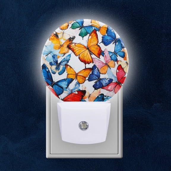 Round LED Night Lights Lamp with Dusk to Dawn Sensor, Swarm Of Colorful Butterflies In Flight Night Light Plug Into Wall for Kids Room, Bedroom, Bathroom, Kitchen, Hallway