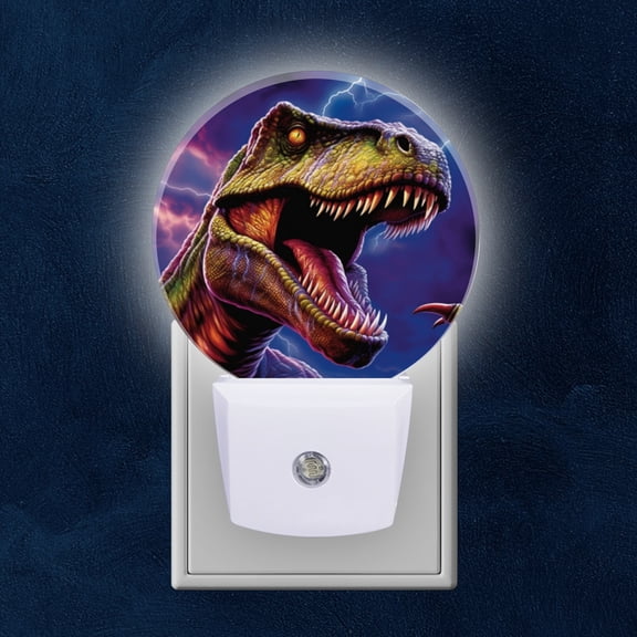Round LED Night Lights Lamp with Dusk to Dawn Sensor, T Rex Portrait With Lightning Night Light Plug Into Wall for Kids Room, Bedroom, Bathroom, Kitchen, Hallway