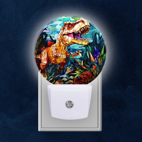 Round LED Night Lights Lamp with Dusk to Dawn Sensor, T Rex Prehistoric Giant In Stained Glass Art Night Light Plug Into Wall for Kids Room, Bedroom, Bathroom, Kitchen, Hallway