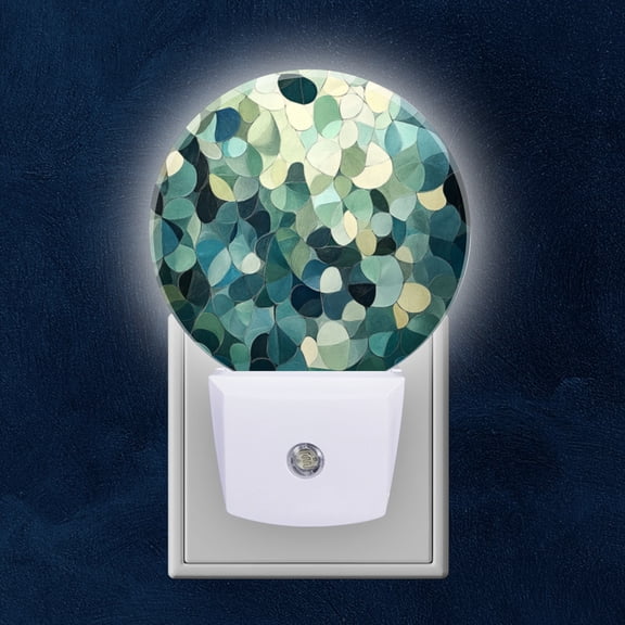 Round LED Night Lights Lamp with Dusk to Dawn Sensor, Teal Abstract Pattern Painting Night Light Plug Into Wall for Kids Room, Bedroom, Bathroom, Kitchen, Hallway
