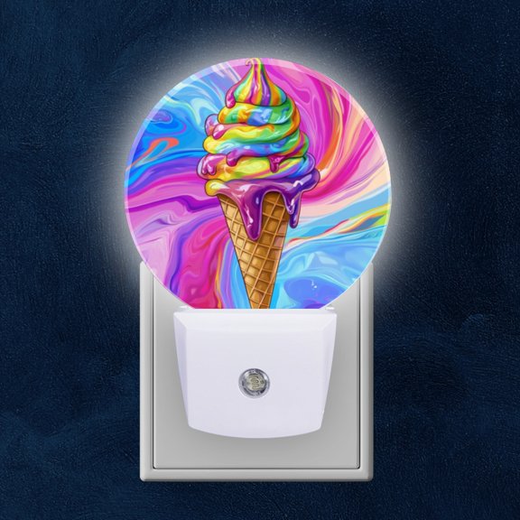 Round LED Night Lights Lamp with Dusk to Dawn Sensor, Tempting Sight Of Dripping Rainbow Ice Cream Night Light Plug Into Wall for Kids Room, Bedroom, Bathroom, Kitchen, Hallway
