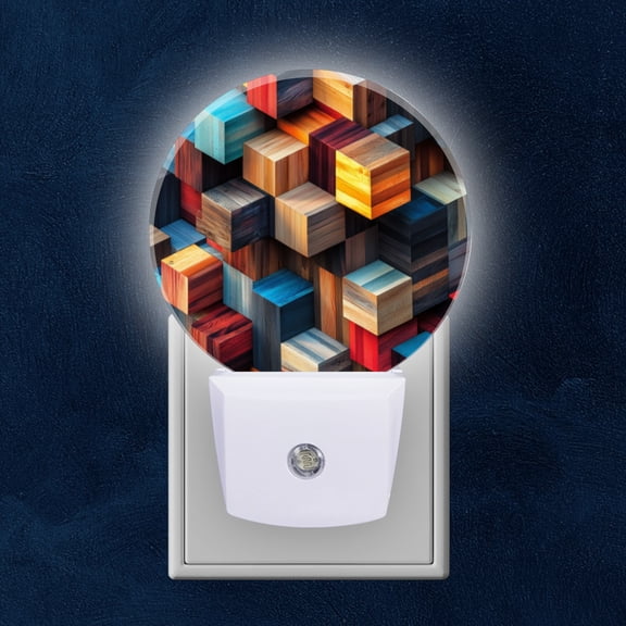 Round LED Night Lights Lamp with Dusk to Dawn Sensor, Three - Dimensional Cube Art Night Light Plug Into Wall for Kids Room, Bedroom, Bathroom, Kitchen, Hallway