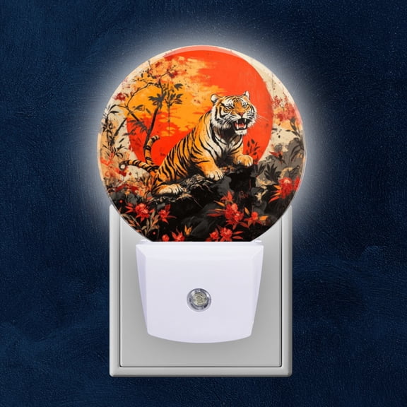 Round LED Night Lights Lamp with Dusk to Dawn Sensor, Tiger In Landscape Of Passionate Colors Night Light Plug Into Wall for Kids Room, Bedroom, Bathroom, Kitchen, Hallway