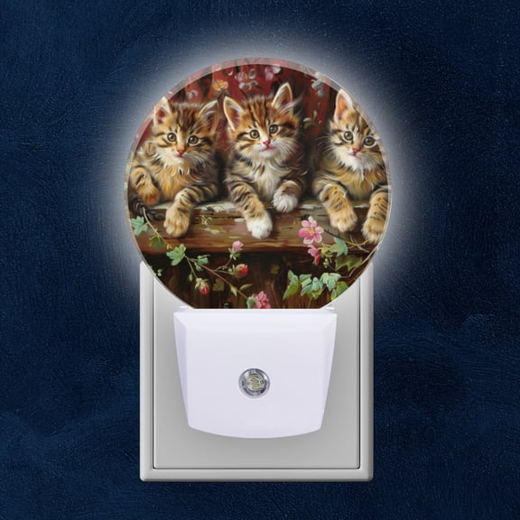 Round LED Night Lights Lamp with Dusk to Dawn Sensor, Trio Of Kittens Resting On Flower Filled Window Ledge Night Light Plug Into Wall for Kids Room, Bedroom, Bathroom, Kitchen, Hallway